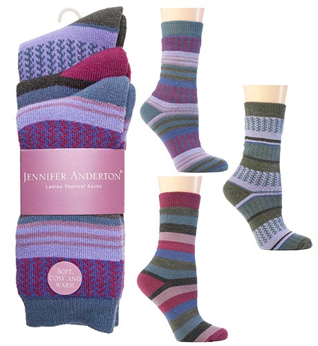 Ladies Jennifer Anderton Stripe Design Thermal Socks 3pp - 4266